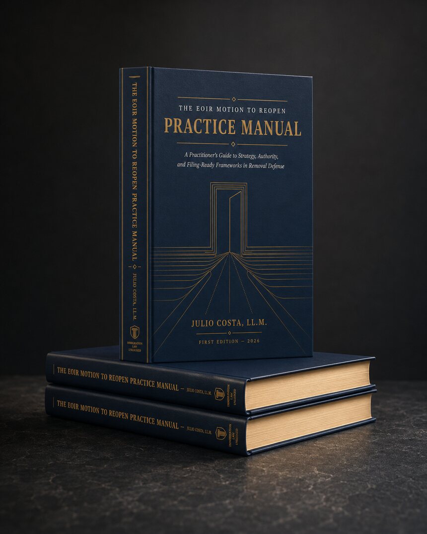 Hardcover of The EOIR Motion to Reopen Practice Manual, navy with gilt lettering, resting on two companion volumes