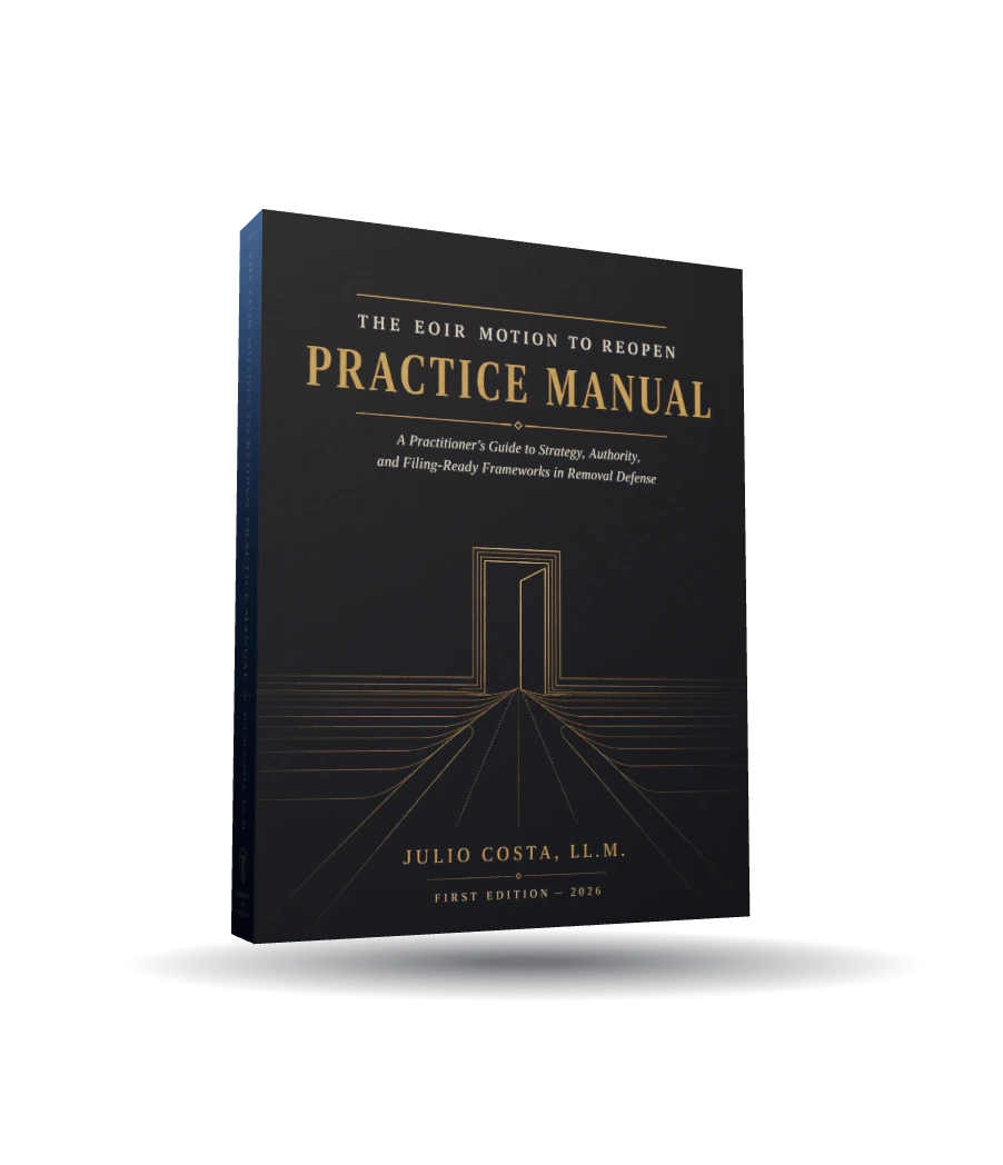 Hardcover of The EOIR Motion to Reopen Practice Manual, navy cloth with gilt lettering